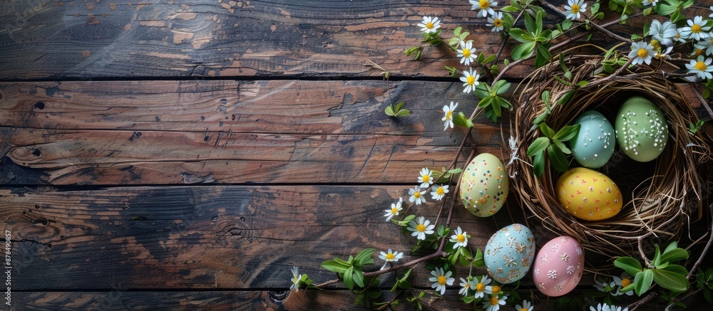 Aufkleber Festive Easter decorations like eggs and a wreath made from vines displayed on a rustic wooden table, providing an attractive background with room for text. image with copy space