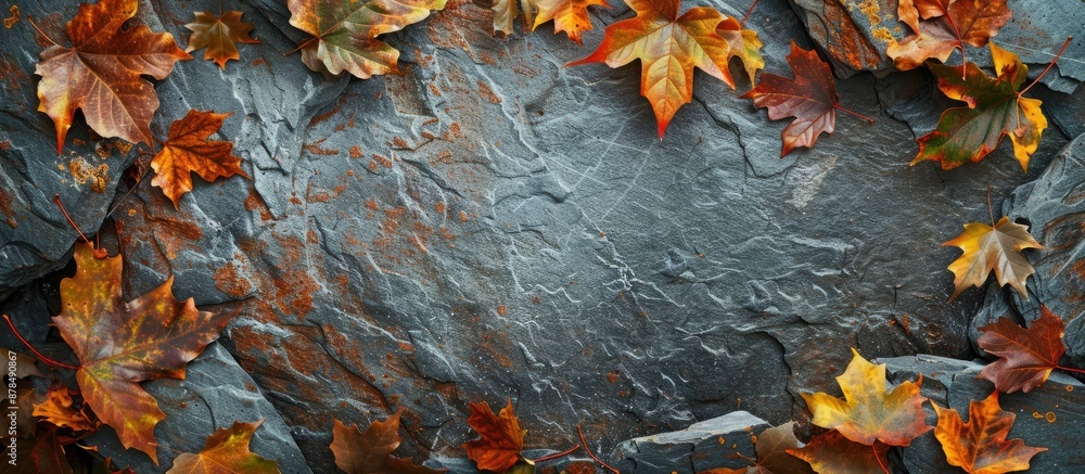 Poster Autumn leaves framing a stone background with a copy space image in the center.