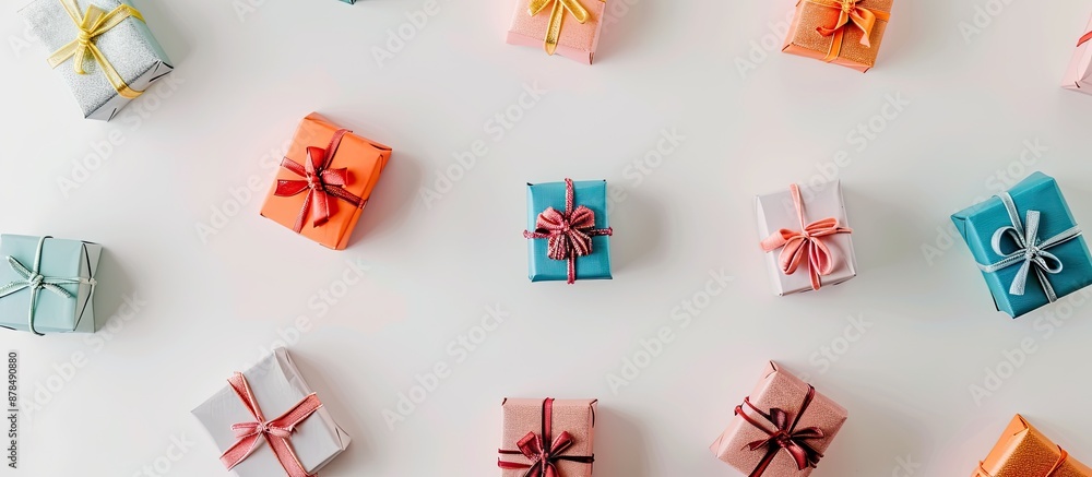 Poster colorful gift boxes elegantly displayed on a plain white backdrop, creating a visually appealing com