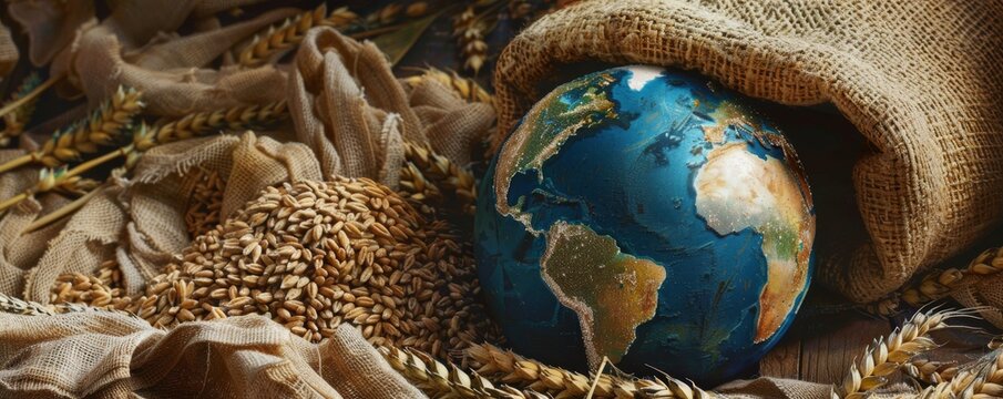 Globe on burlap sack overflowing with grains, symbolizing global agriculture importance. Evokes sustainability, food security, and interconnectedness in feeding world