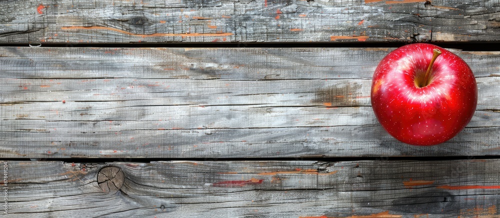 Poster Apple with red glossy skin displayed on a rustic wooden surface with a blank area for text or images, ideal for backgrounds or marketing content. image with copy space