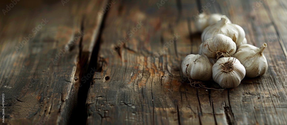 Poster close-up of fresh garlic cloves on a wooden backdrop with copy space image.