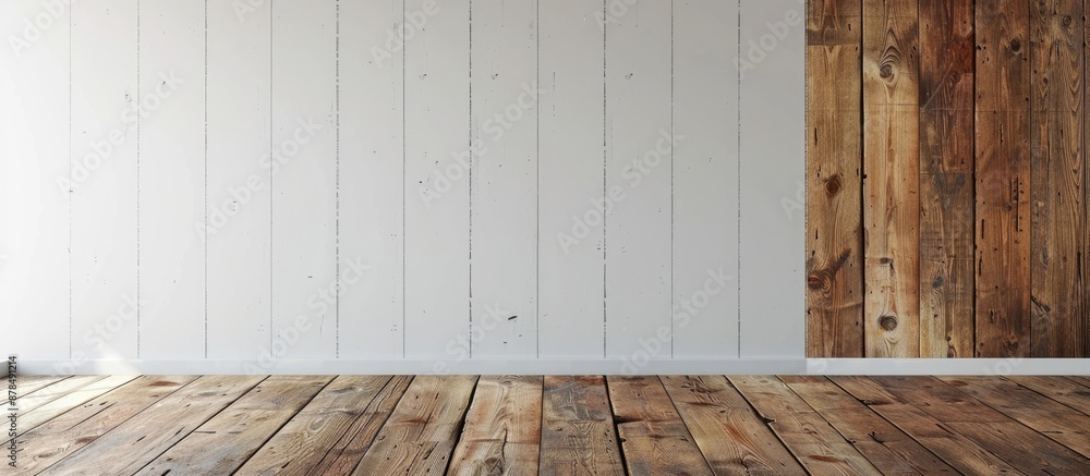 Poster An interior room with an empty space, featuring a white wall with wooden planks in the foreground, showcasing the floor from a unique perspective, creating a rustic background for a copy space image.