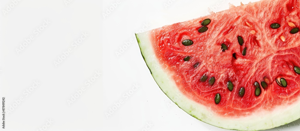 Poster close-up of a ripe watermelon slice against a white backdrop, showcasing its sweetness and juiciness