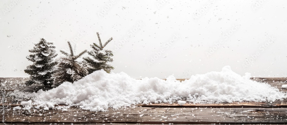 Poster christmas season setting with a pile of snow on a wooden surface against a white backdrop, creating 