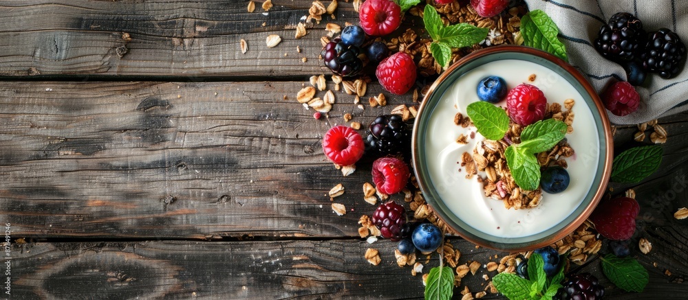 Poster close-up shot of yogurt, berries, mint, and granola on a wooden table, featuring a blank area ideal 