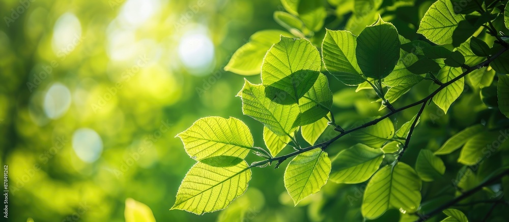 Poster closeup image of leaves in a sunlit forest during spring or early summer, conveying ecological and t