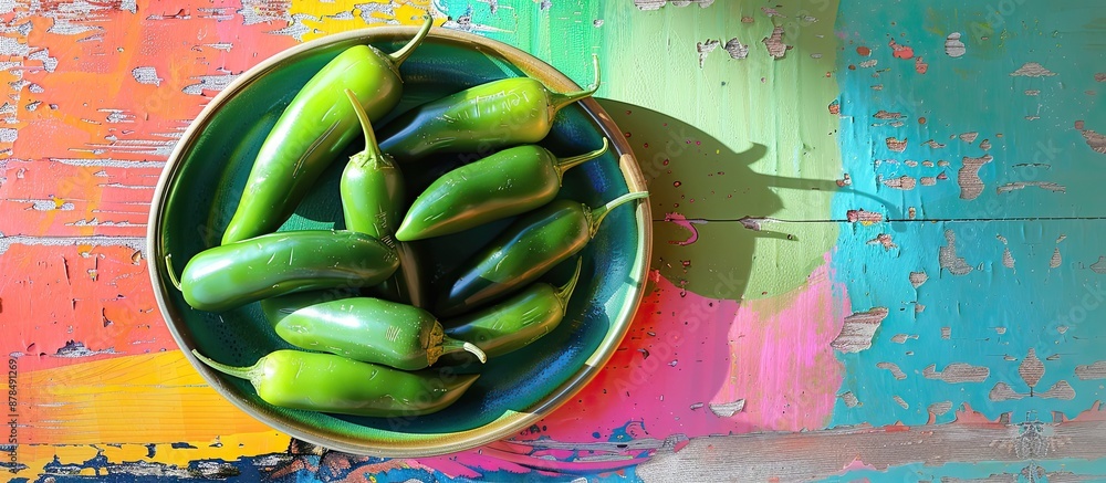 Poster Close-up of a plate with vibrant green jalapeno peppers against a colorful backdrop with ample space for additional elements in the image.
