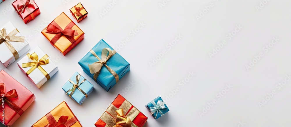 Poster Colorful gift boxes elegantly displayed on a plain white backdrop, creating a visually appealing composition with ample copy space image.