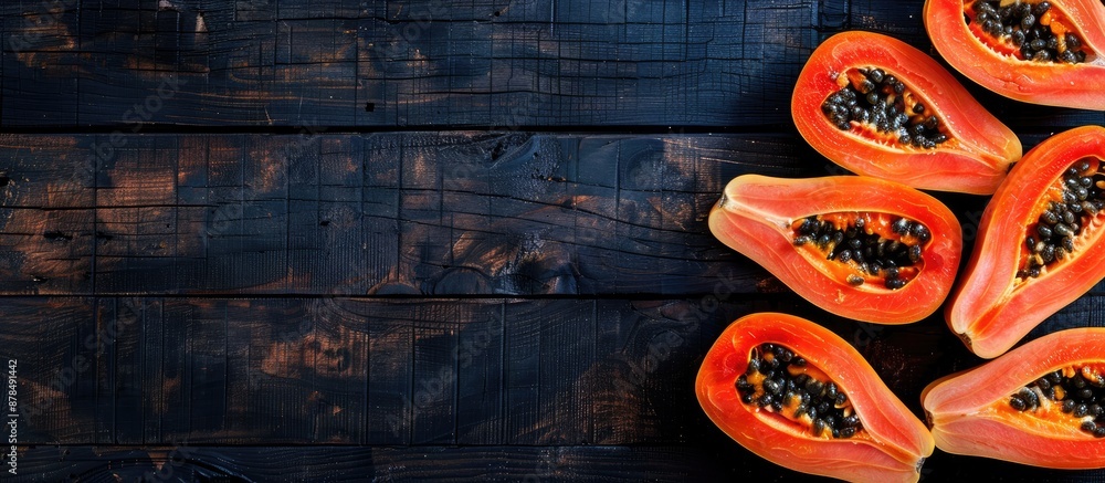 Poster dark wooden backdrop with papaya slices from above, presenting an expansive copy space image as a fo