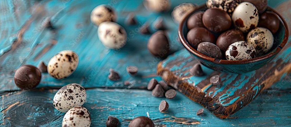 Poster chocolate quail eggs displayed on blue wooden boards with a backdrop suitable for copy space image.