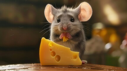 Fototapeta premium Content mouse enjoys cheese in a cozy kitchen, creating a charming scene with its furry appearance