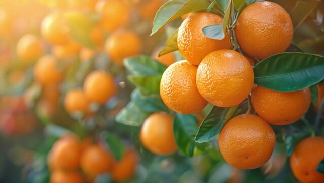 Close-up image of ripe oranges hanging on a tree branch with a bright blue sky in the background.