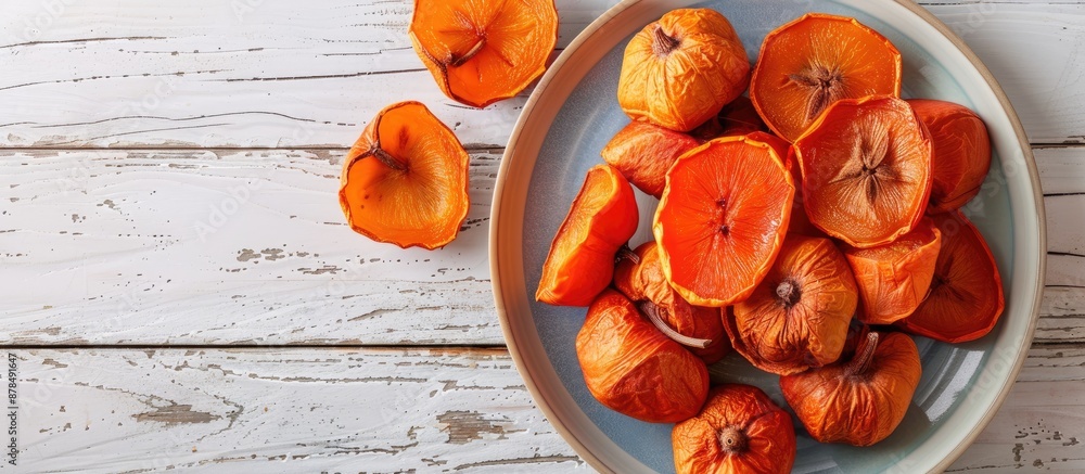 Poster Close-up of a plate displaying delicious dried persimmons on a white wooden table with room for text on the side. image with copy space