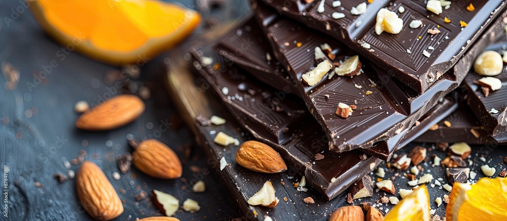 Poster Dark chocolate bars with chopped almonds and dried orange wedges, perfect for an elegant, delicious treat with a rustic touch and a beautiful presentation on a copy space image.
