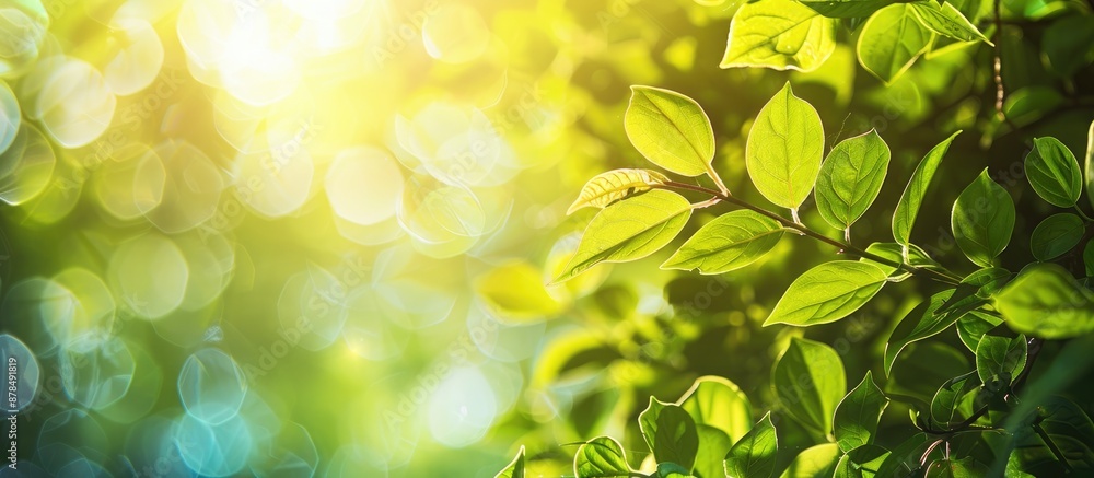Poster Close-up of light green leaves and sunlight in a park, creating a beautiful nature-themed bokeh effect with a blurred background for a web banner or header with copy space image.