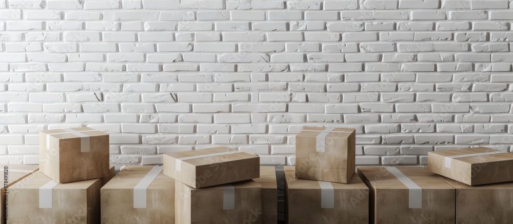 Poster close-up photo of cardboard boxes displayed against a white brick wall with ample copy space image.