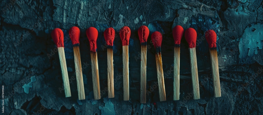 Poster An aerial view of burning and unburned matches in a row, showcasing the process of combustion with copy space image.