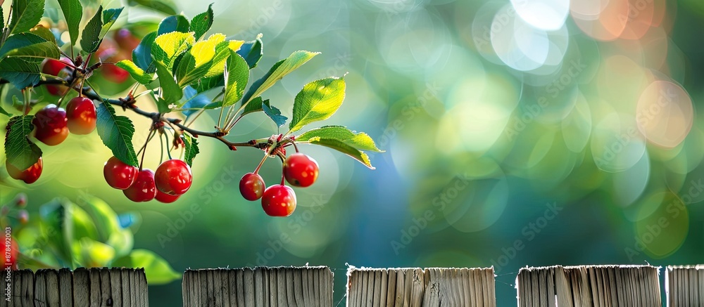 Poster cherry-plum tree branch with fruits against a rustic wooden fence with blurred background, ideal for