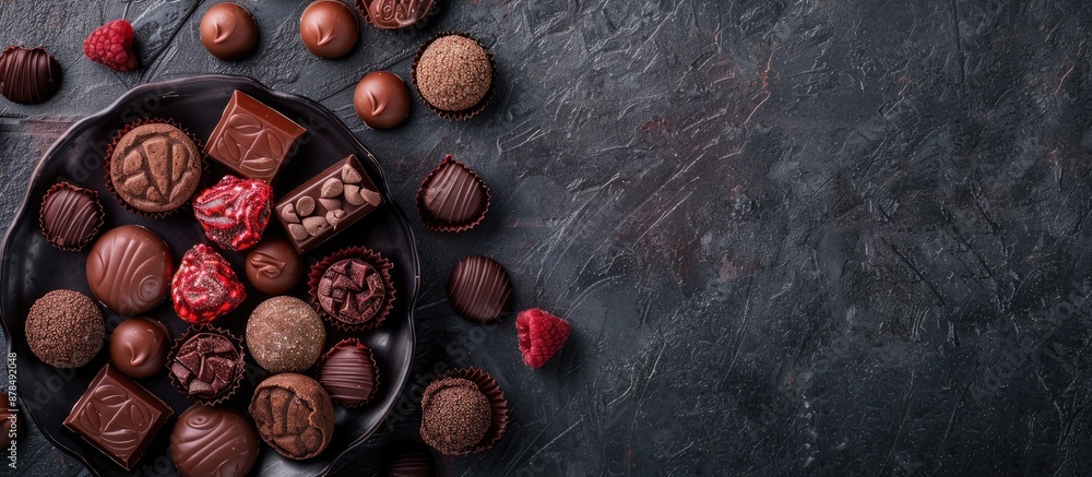 Poster chocolate candies assortment with available copy space image.