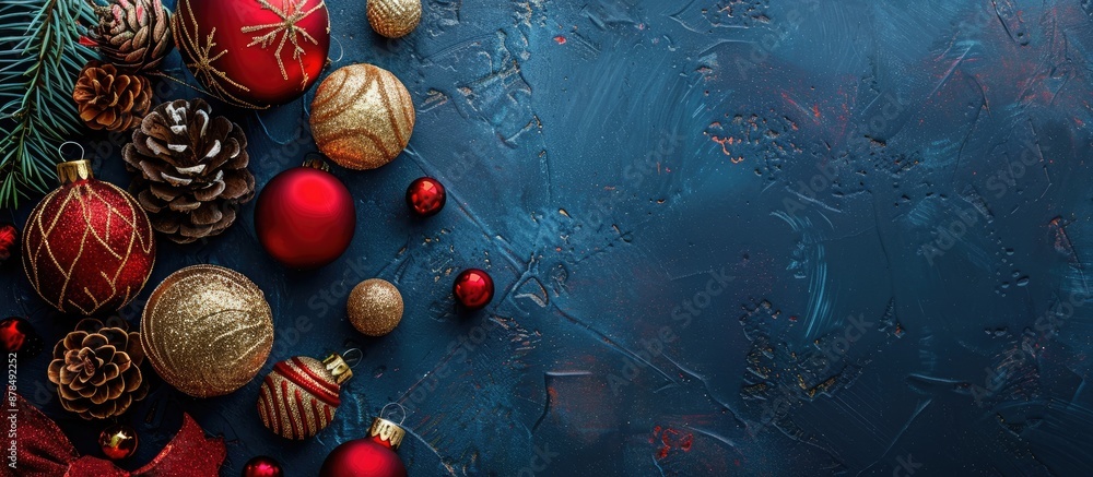 Aufkleber Festive Christmas decorations arranged neatly on a flat surface for a stylish composition with empty space for text or visuals, known as a copy space image.