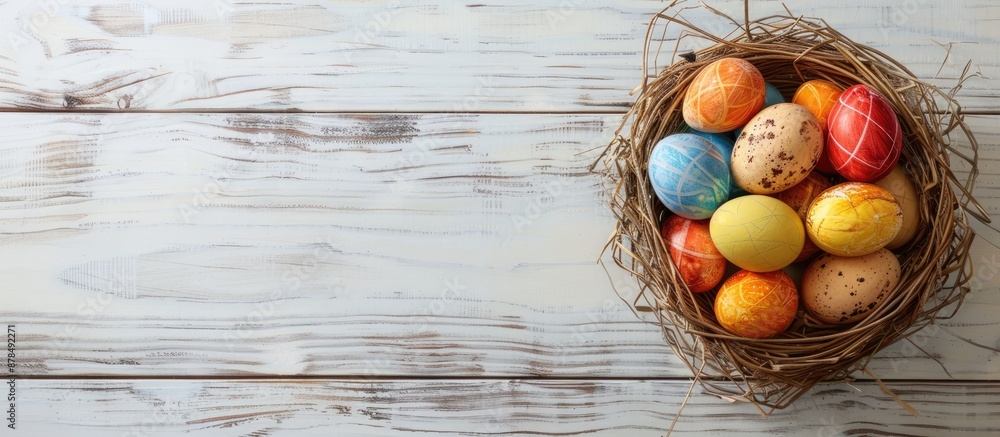 Poster easter eggs arranged in a basket on white wooden backdrop with copy space image available.
