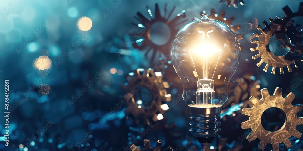 Wall mural abstract representation of innovation with lightbulb and gears.