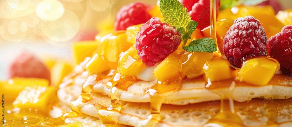 Aufkleber close-up of appetizing pancakes adorned with fresh mango, raspberries, yogurt, mint, and honey on a 