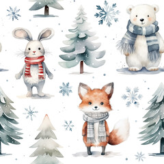 Watercolor seamless pattern with cute forest animals, Christmas trees and snowflakes on white background.