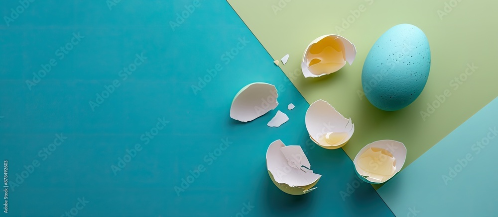 Poster easter-themed with white and yellow eggshells and a whole blue egg against a blue and green backdrop