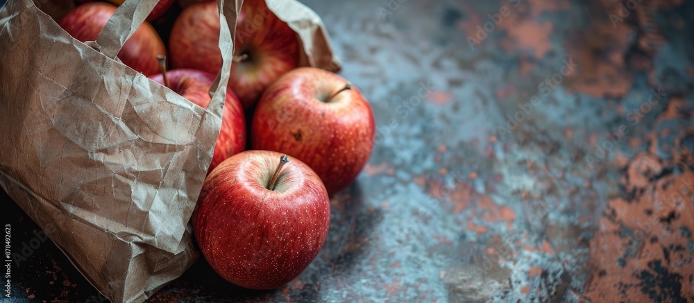 Poster Eco apples in a paper bag on a rustic natural background with copy space image.