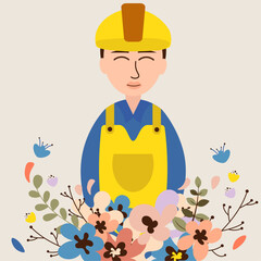 Hand-drawn engineer with flower illustration