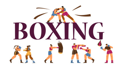 Vector poster male and female boxers with sports gloves are hitting each other and a punching bag