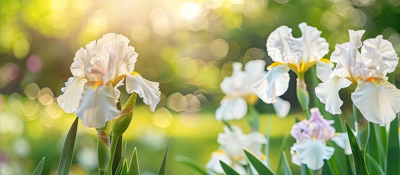 Beautiful iris flower blooming in a park setting, with a copy space image available.