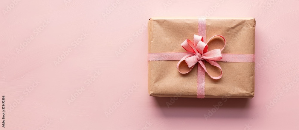 Poster Celebrate with a warm and inviting background containing a gift wrapped in brown paper on a soft pink surface in a top view copy space image.
