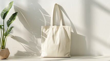 A blank canvas tote bag mockup against an isolated white wall background.