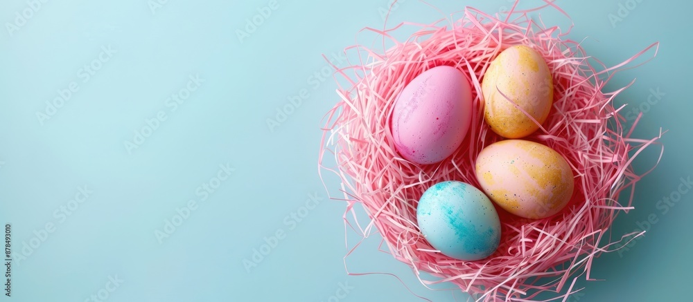 Poster colorful easter eggs arranged in a pink nest on a soft pastel blue background in a close-up copy spa