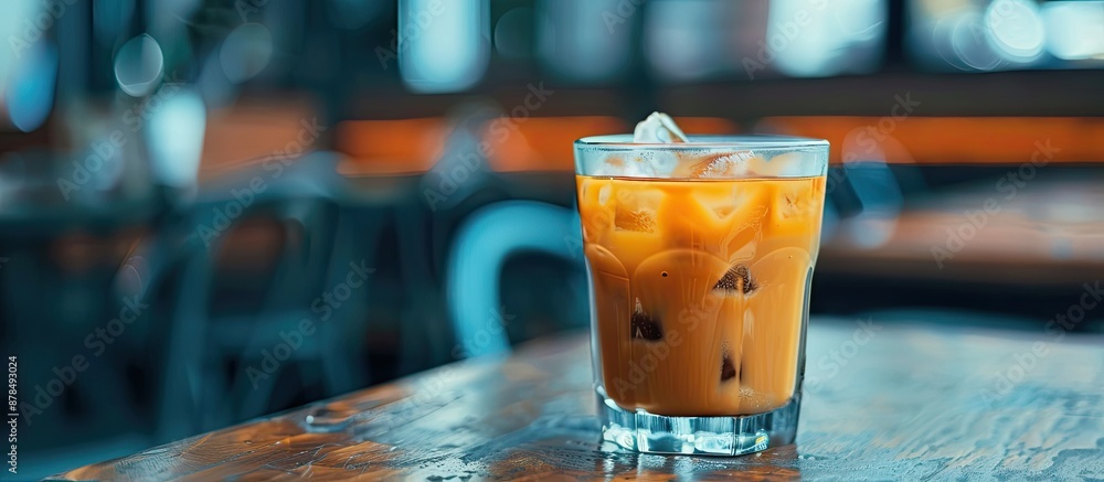 Poster closeup of a delicious iced coffee in a glass on a table, with space for text or image. image with c