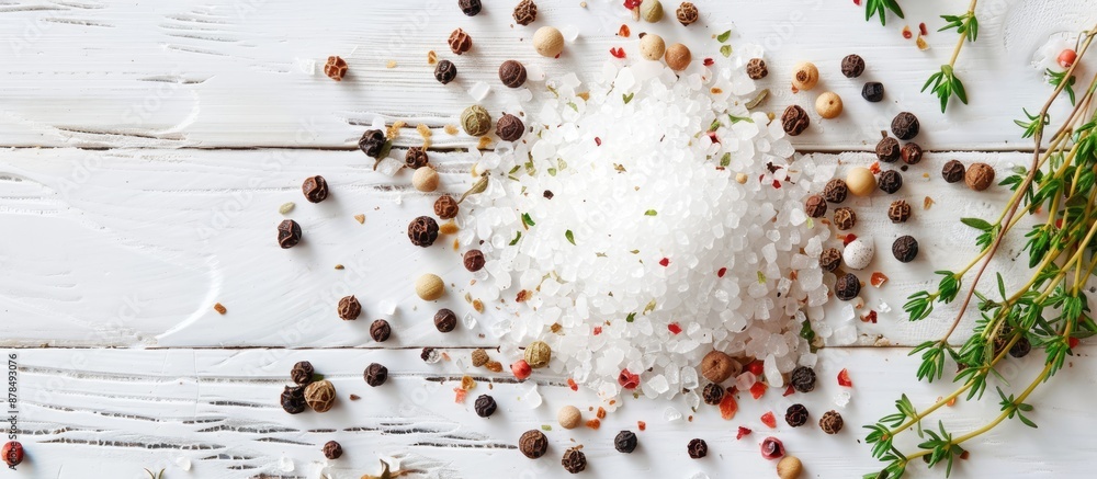 Aufkleber close-up of salt scattered with peppercorns and thyme, on a white wooden table, with ample space for