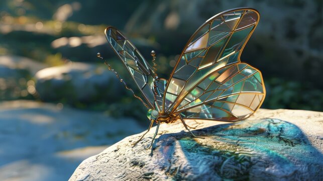 Stunning glasswing butterfly with golden wings rests on a river rock in the sun, symbolizing beauty and nature's wonders