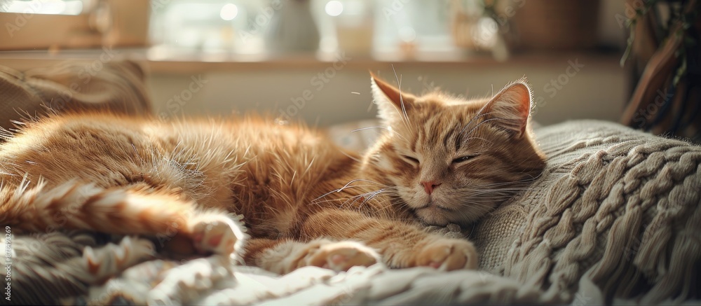 Aufkleber adorable cat lounging with cozy vibe in a room, with a comfortable setting, suitable for a copy spac