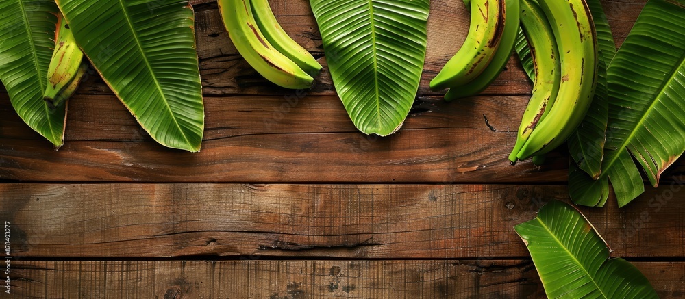 Fototapete copy space image with banana leaves as a frame on a wooden background for adding text.