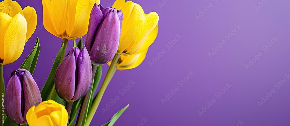 Poster close-up of yellow tulips against a purple background with copy space image.