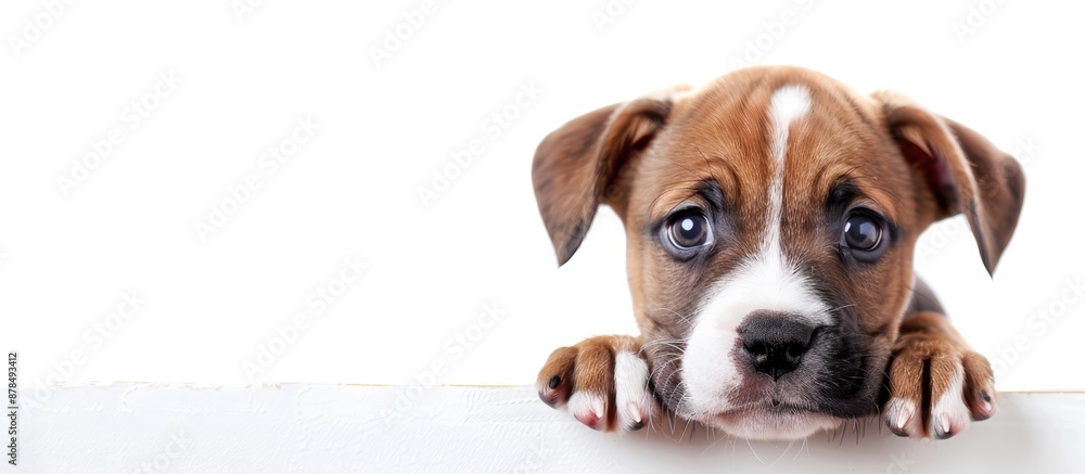 Poster adorable puppy dog on white background with copy space image.