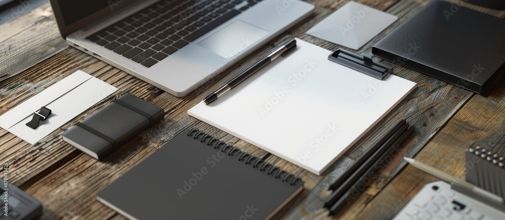 Poster close up of a corporate identity design template on a wooden desk with copy space image.