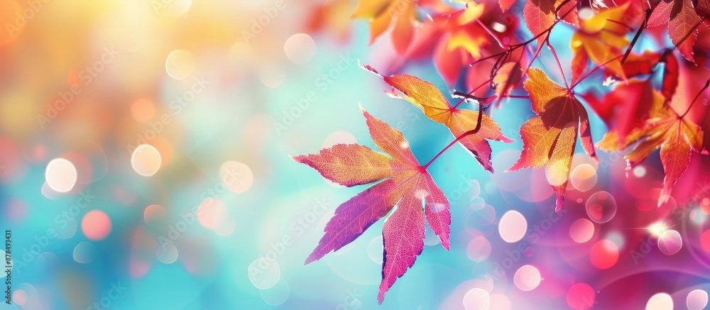 Aufkleber Colorful autumn leaves with bokeh lights surrounding a copy space image on a gradient backdrop.