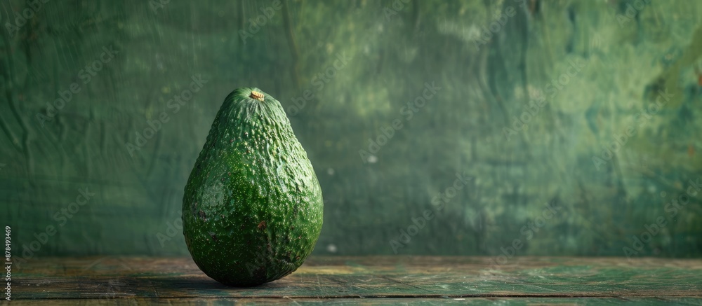 Poster an old wooden table displaying a fresh organic avocado as a focal point in a food background, with r