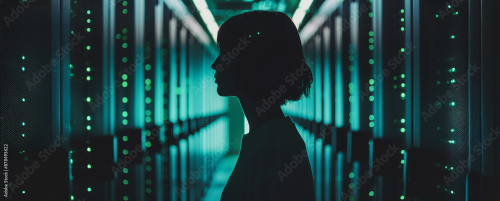Poster woman standing in front of server racks in a data center