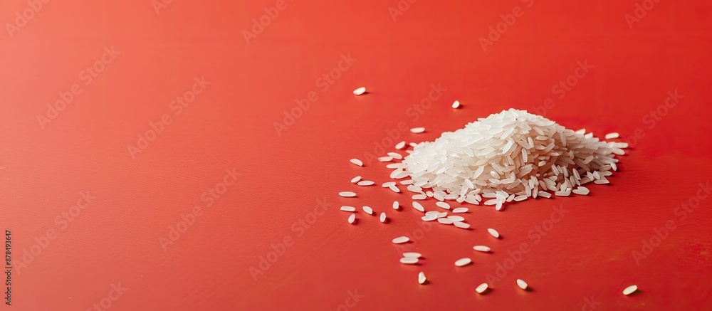 Poster copy space image of white rice on a vibrant red backdrop.