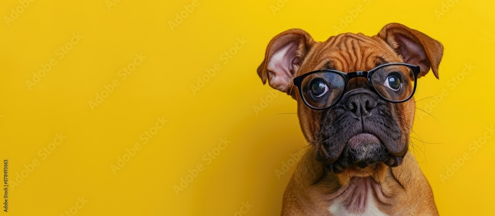 Poster english bulldog puppy looking sad with glasses on a yellow backdrop, with a blank copy space image f
